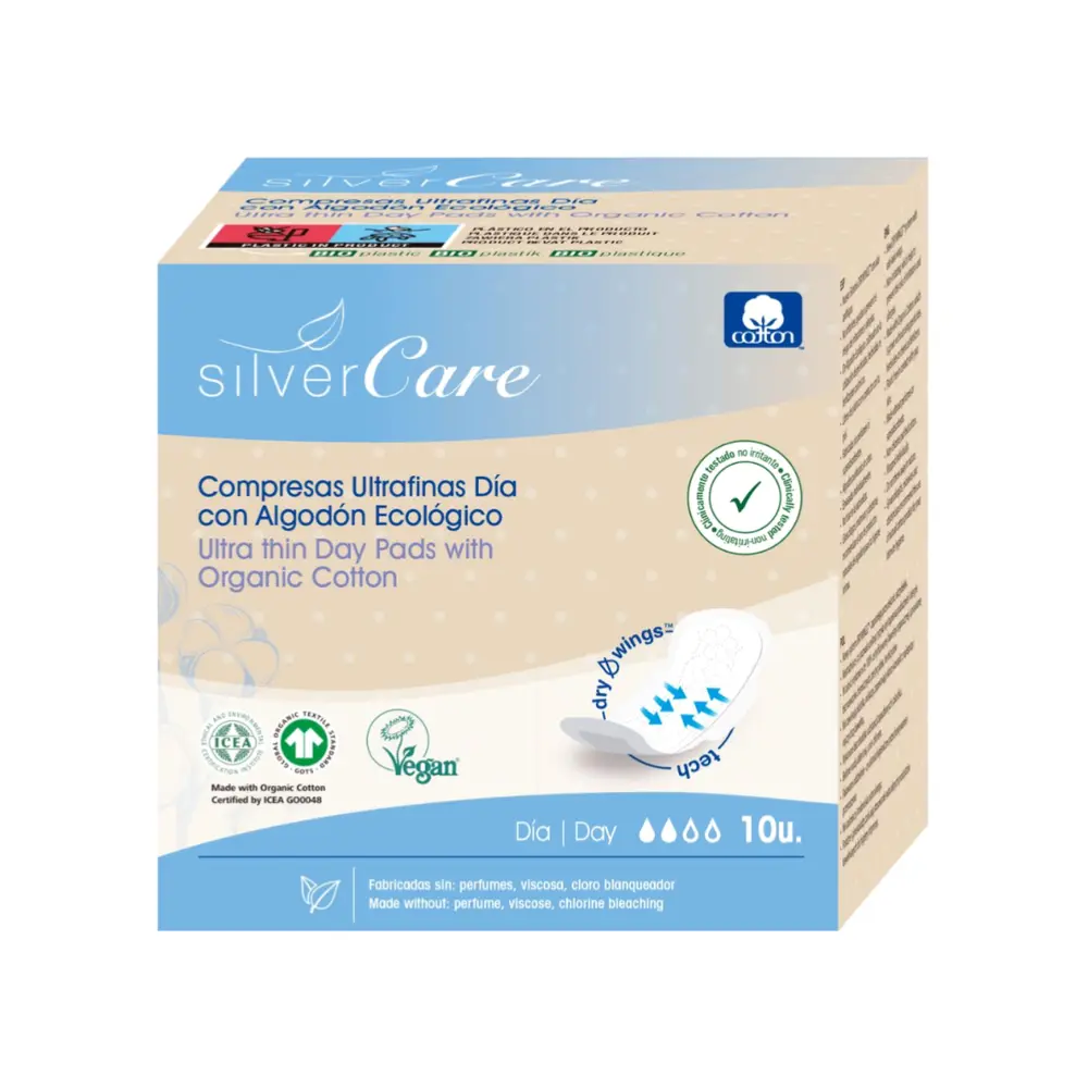 Băng Vệ Sinh Hữu Cơ Siêu Mỏng Có Cánh Ban Ngày, Organic Cotton Ultrathin Daytime Sanitary Pads, 10 Miếng - SILVERCARE